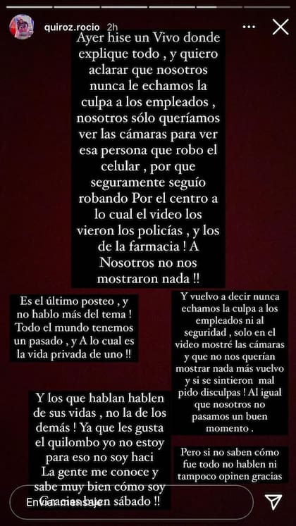 Luego del episodio y las repercusiones en los medios, Rocío Quiroz hizo una aclaración en su Instagram