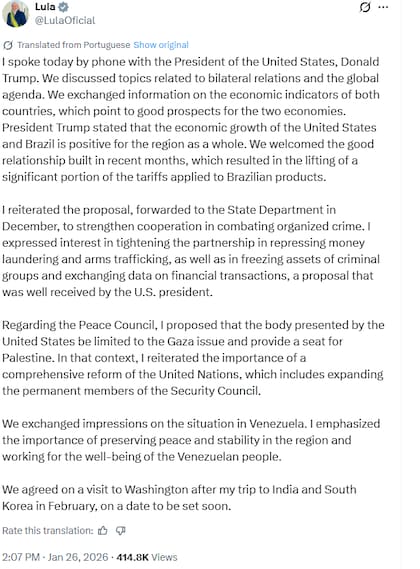 Lula conversó con Trump sobre el Consejo de Paz