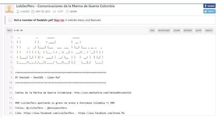 "LulzSecPeru aportando su grano de arena a Anonymous Colombia" en 2012. También infiltraron redes gubernamentales de Argentina, Perú, Chile y Venezuela