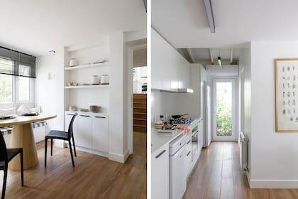 Luminosa y funcional, la nueva cocina tiene amoblamiento blanco (Trenel) con mesada y alzada en Purastone ‘Blanco Nube’ (Treffen). Como se trata de una persona que vive sola, se sumó un comedor para desayunar junto a la ventana con mesa a medida (Estudio Trama). Sillas (Mascardi).