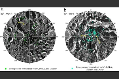 La mayor parte del hielo recién descubierto se encuentra en las sombras de los cráteres cerca de los polos