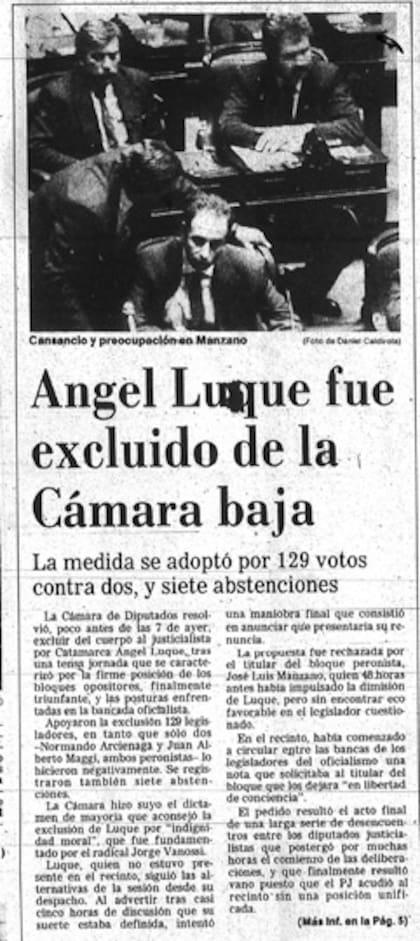 Luque excluido del Congreso, en la tapa de La Nacion el 20 de abril de 1991