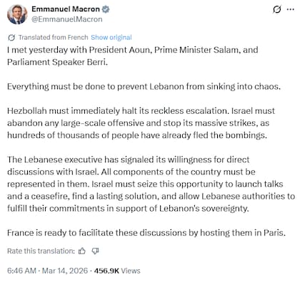 Macron ofreció mediar entre Israel y el Líbano