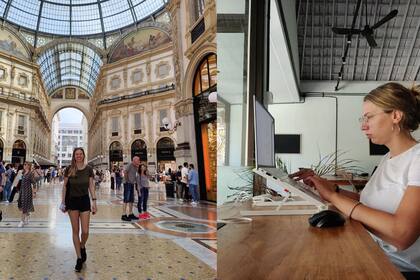 Magali Bejar visitando Roma y trabajando en Bali. "En 2021 cuando pude volver a viajar después de la pandemia fue rarísimo porque se necesitaban permisos para entrar a todas partes y mis vacunas de Argentina no eran aceptadas internacionalmente.".