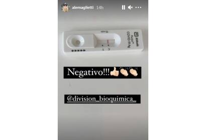 Maglietti compartió el resultado negativo de su hisopado en Instagram.