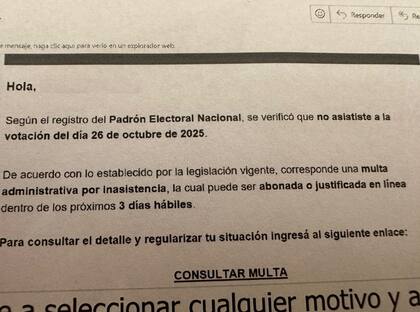 Mail falso por supuestas multas por no asistir a votar. Las personas deben descartarlo y no clickear ningún enlace