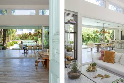 Maite tomó como eje los ventanales de 6,25 metros para definir los sectores del comedor y el living. Los pisos de toda la planta baja son de porcelanto ‘Legni Olden’ (Ilva).