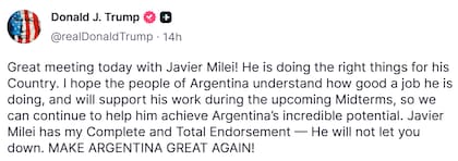 "Make Argentina Great Again", President Trump's message of support backs Milei (Truth Social/@realDonaldTrump)