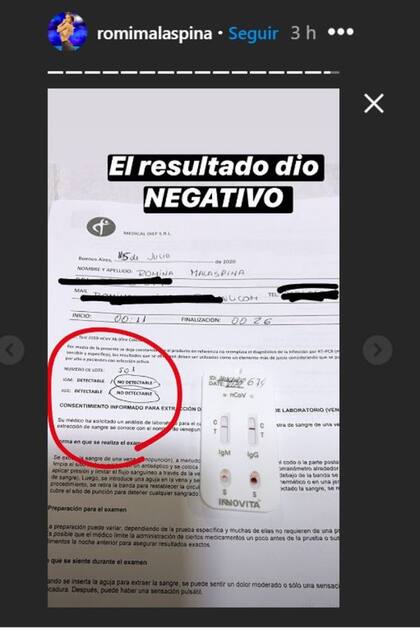 Malaspina subió a sus historias de Instagram el resultado del test rápido para la detección del Covid-19