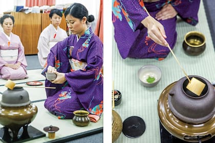 Malena Higashi realizando una ceremonia de té en la Embajada de Japón en Argentina.