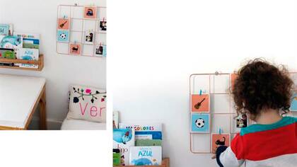 Malla metálica de papelera contemporánea en Mercado Libre Design $390 / Almohadón con nombre Bordado a mano de Almohadones bordados By Mili Suarez / Estante para libros de Tienda Festival $700