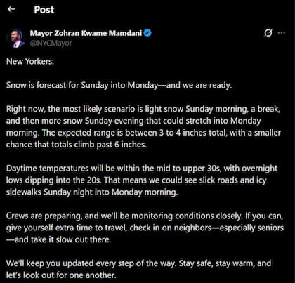 Mamdani advierte a los residentes de Nueva York sobre la llegada inminente de una tormenta invernal prevista para el domingo y lunes