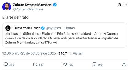 Mamdani fue de los primeros en reaccionar a la alianza entre Cuomo y Adams