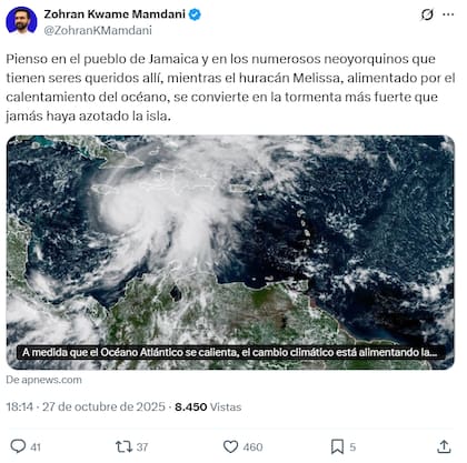 Mamdani remarcó la fuerza del huracán Melissa conforme avanza sobre Jamaica