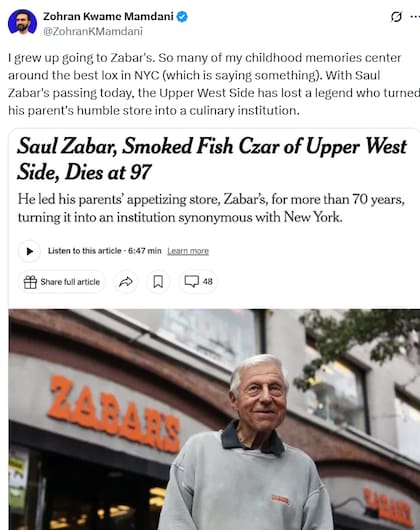 Mamdani sostuvo que Nueva York perdió a una figura clave en la industria gastronómica de la ciudad