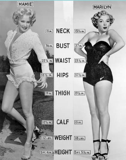 Cosas de otros tiempos: cartel comparativo con las medidas de los cuerpos de Mamie Von Doren y Marilyn Monroe