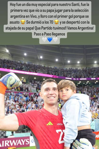 Mandinha, la esposa de Dibu Martínez, contó en sus historias de Instagram cómo vivió Santi, hijo mayor de ambos, el partido entre la Argentina y Australia en los octavos de final de Qatar 2022