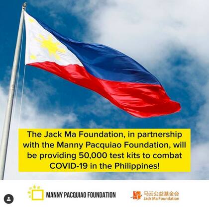 Manny Pacquiao, junto con la Fundación Jack Ma, donaron 50.000 tests de prueba para detectar el COVID-19