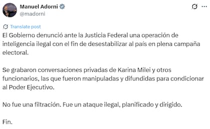 Manuel Adorni anunció la denuncia del Gobierno ante la Justicia por una supuesta operación de inteligencia ilegal (Fuente: X @madorni)