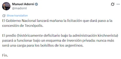 Manuel Adorni informó sobre la licitación de Tecnópolis (X: @madorni)