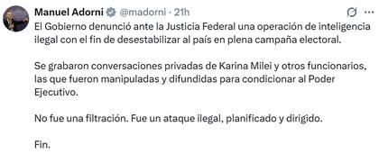 Manuel Adorni sostiene que se grabaron conversaciones privadas de Karina Milei y otros funcionarios (Fuente: X @madorni)