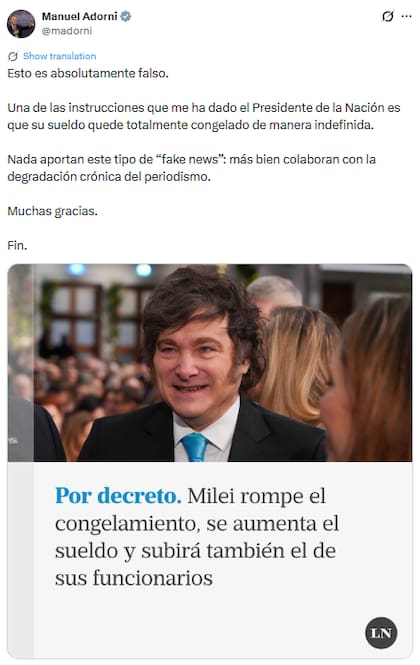 Manuel Adorni tras el aumento de sueldos de los funcionarios (Fuente: @madorni)