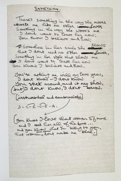 Manuscrito de Something, la gran canción de amor de George Harrison, incluida en el álbum Abbey Road (1969), de Los Beatles