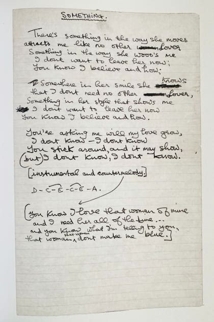Manuscrito de Something, la gran canción de amor de George Harrison, incluida en el álbum Abbey Road (1969), de Los Beatles
