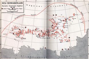Mapa alemán de la nueva conquista antártica Neuschwabenland (Nueva Suabia): 1938-1939