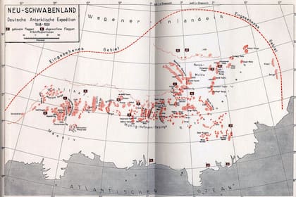 Mapa alemán de la nueva conquista antártica Neuschwabenland (Nueva Suabia): 1938-1939