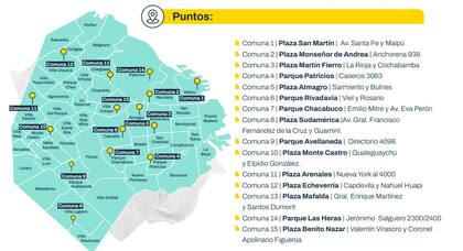 Mapa con la ubicación de las 15 plazas y parques donde se llevará a cabo la jornada informativa sobre el nuevo diseño curricular este sábado 22 de febrero