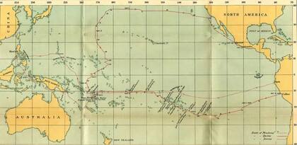 Mapa con las rutas de Mendaña y Quirós en 1595-1596, Queirós en 1605-1606 y Torres en 1606. Del "Los viajes de Pedro Fernández de Quirós de Queirós" de Clements Markham