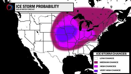 Mapa con las zonas con probabilidad de tormentas de hielo