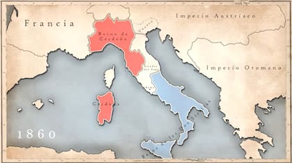 Mapa de 1860, con el reino de las Dos Sicilias pintado en azul