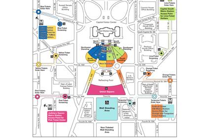 Mapa de accesos y cortes a la Ceremonia en el Capitolio. (Comisión mixta del Congreso sobre ceremonias inaugurales)