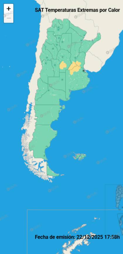 Mapa de alerta amarilla por temperaturas extremas este martes 23 de diciembre