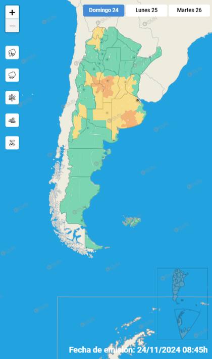 Mapa de alertas meteorológicas por tormentas en toda la Argentina este domingo 24 de noviembre