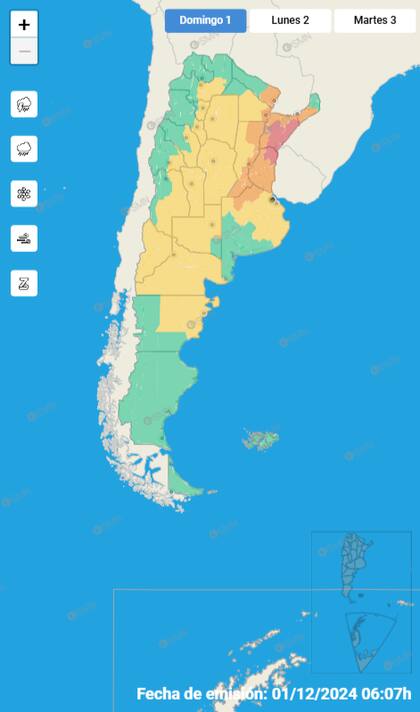Mapa de alertas meteorológicas por tormentas este domingo 1° de diciembre
