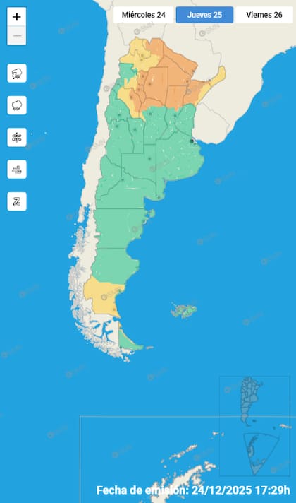 Mapa de alertas para este jueves 25 de diciembre
