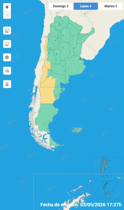 Mapa de alertas para este lunes 4 de mayo