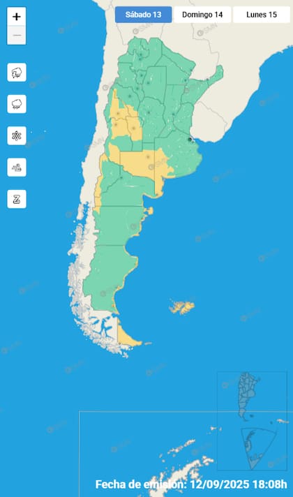 Mapa de alertas para este sábado 13 de septiembre.