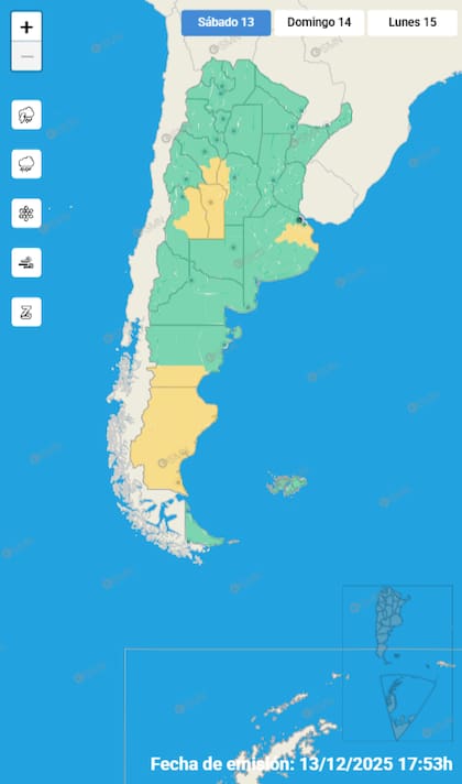Mapa de alertas para este sábado 13 de diciembre