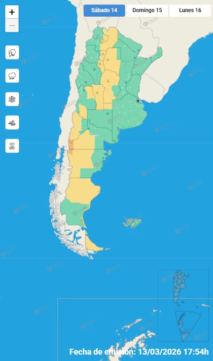 Mapa de alertas para este sábado 14 de marzo.