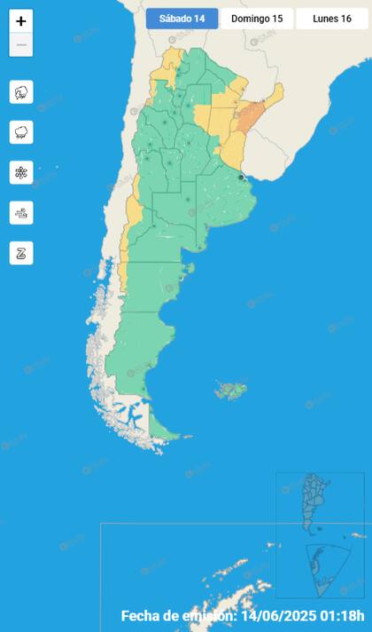 Mapa de alertas para este sábado 14 de junio.