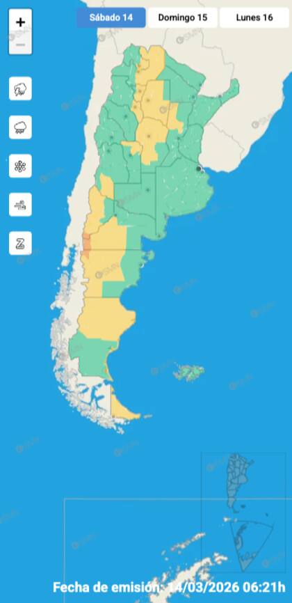 Mapa de alertas para este sábado 14 de marzo.