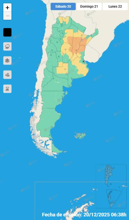 Mapa de alertas para este sábado 20 de diciembre