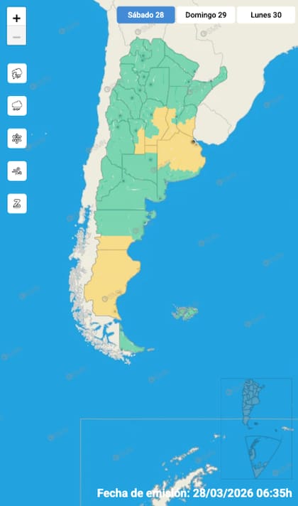 Mapa de alertas para este sábado 28 de marzo.