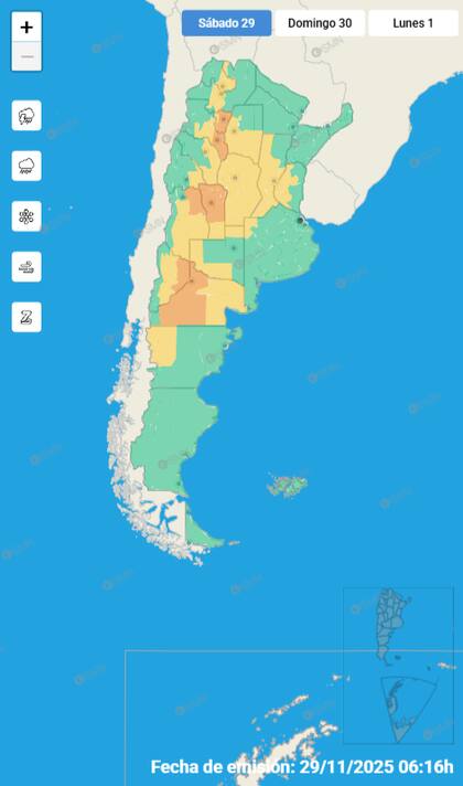 Mapa de alertas para este sábado 29 de noviembre