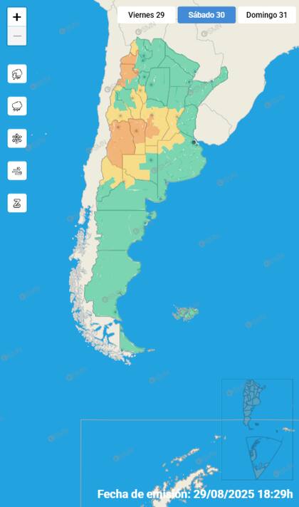 Mapa de alertas para este sábado 30 de agosto.