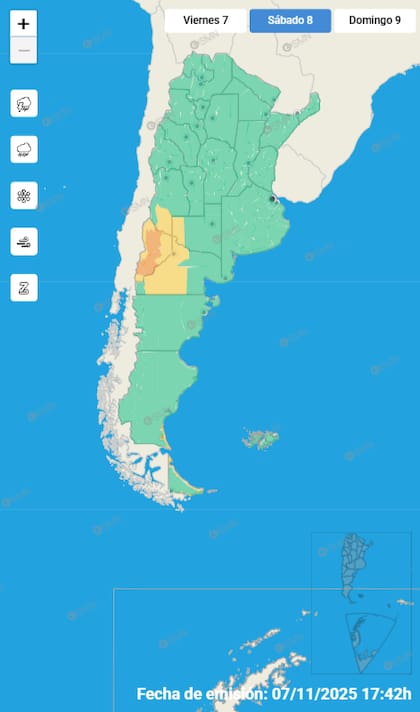 Mapa de alertas para este sábado 8 de noviembre